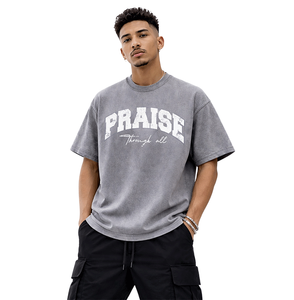 Camiseta 'Praise Through All' de Alta Calidad con Lavado Vintage - Gris Desgastado, 100% Algodón, Estilo Hip Hop Oversize para Hombre - Product Image 2