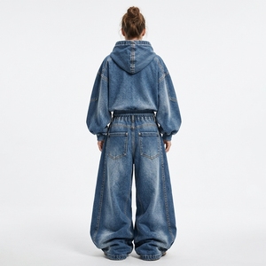 <b>Womens</b> Oversized Denim Hoodie and <b>Baggy</b> <b>Jeans</b> Set Custom Washed Blue Streetwear Two Piece Tracksuit Wholesale Clothing - Product Image 2