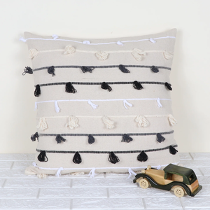Hand Loom Woven Off White and Black Chunky Loop Stripe Boho <b>Cushion</b> <b>Cover</b> Textured Decorative Pillow Case for Sofa Bedroom Livin - Product Image 1
