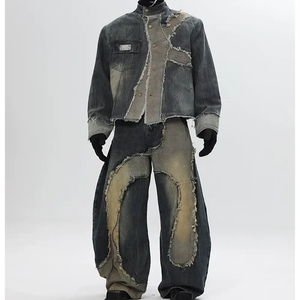 Custom Patchwork Washed Denim Jackets Streetwear Stonewashed Raw Edge Men Jeans Vintage Distressed Outwear Set - Product Image 5