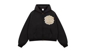 Sudadera con capucha de alto gramaje con cremallera, oversize, de corte holgado, hombros caídos, con bordado desgastado, lavado ácido, lavado a la piedra, pedrería, MOQ 10 - Product Image 3