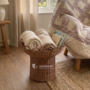 Luxury Rattan Scalloped Rim Multifunction Accent <b>Table</b> & Planter Stand Sustainable Deep <b>Basket</b> End <b>Table</b> for Living Room Nursery - Product Image 4