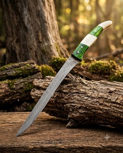 Damascus Steel Fillet <b>Knife</b> Serrated Edge Drop Point Blade Wood <b>Bone</b> <b>Handle</b> Industrial Grade 13" Overall Length 1 Year Warranty - Product Image 1
