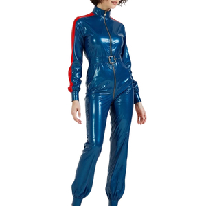 Mono Largo de Mujer Azul con Recubrimiento de PU, Cintura Alta, Manga Larga, Detalles Rojos, con Cinturón, Estilo Y2K, Ropa Urbana - Product Image 3