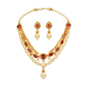 Gold Plated Bridal Jewelry Set with Ruby CZ Golden Pearls - Product Image 2