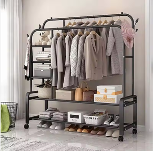Porte-vêtements moderne à double rail, robuste, en métal, avec étagères de rangement et roulettes - Product Image 3