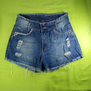 Shorts de mezclilla de tiro medio personalizados para mujer con pedrería, estilo casual y elegante, a la moda para verano, corte recto, cintura con logo sexy - Product Image 1