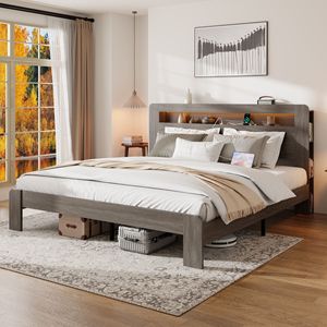 King Size Wood Platform <b>Bed</b> Frame with <b>LED</b> Light Headboard & 2 USB Noise Free No Box Spring Needed Storage Included - Product Image 1