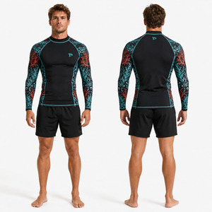 Men's Full Sleeve Rash Guard Swim <b>Shirt</b> Raised Rubber Print Polyester/Nylon Black/Teal/Coral Colors Anti-UV Protection - Product Image 4