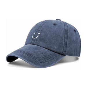 Gorra de Béisbol Vintage de 5 Paneles en Mezclilla Azul Marino Lavada, con Cara Sonriente Bordada, de Perfil Bajo, Sin Estructura, de Algodón Suave y Transpirable - Product Image 1