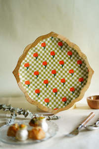 Plateau de service rustique en bois de canne à sucre avec motif à carreaux verts et fleurs rouges, écologique - Product Image 2