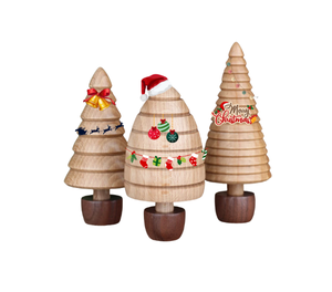 Set of 3 <b>Wooden</b> <b>Christmas</b> <b>Tree</b> Tabletop Decorations with Printed Color Designs for Mantel, or Table Decoration from Vietnam - Product Image 2