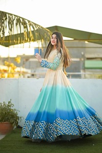 Hot Selling Ombre Turquoise Pakistani Party Wear Dress Mirror Work Mint Green Georgette Flared Anarkali Maxi Long Frock - Product Image 5