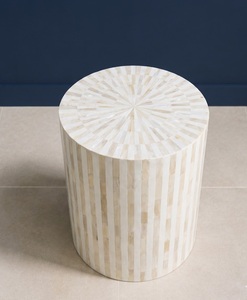 Modern Bone Inlay <b>Bedside</b> <b>Round</b> Nightstand Beige Handmade Wood Top Accent <b>Table</b> for Bedroom Decor - Product Image 2