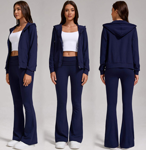 ชุดกีฬาลำลองผู้หญิงแบบมีฮู้ดและกางเกงขายาวทรงบาน สีพื้น ชุดเซ็ตสองชิ้น ระบายอากาศได้ดี สำหรับฤดูหนาว ไซส์พลัส - Product Image 4