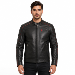 Veste en cuir PU noire pour homme, coupe ajustée, avec surpiqûres rouges, col montant, fermeture éclair et logo frontal - Product Image 1