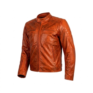 Blouson de moto en cuir véritable pour homme, col montant, fermeture éclair, coupe classique, couleur unie, style motard automne - Product Image 5