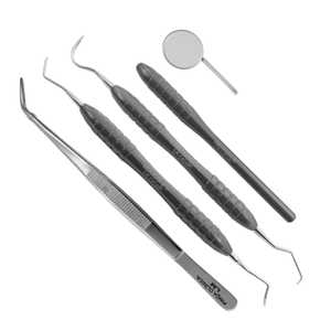 Juego de 4 instrumentos de cirugía oral de acero inoxidable alemán para examen dental, que incluye espejo dental y raspadores, con certificación CE. - Product Image 1