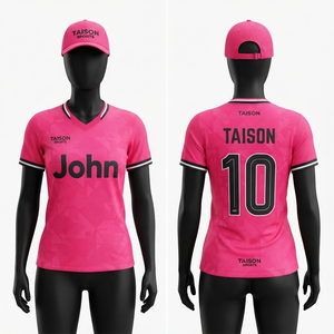 เสื้อฟุตบอลหญิง 150 GSM ผ้าไมโครเมชโพลีเอสเตอร์ สีชมพูสด ดำ คอวี พิมพ์ลายแบบซับลิเมชั่นตามสั่ง สำหรับทีม - Product Image 1