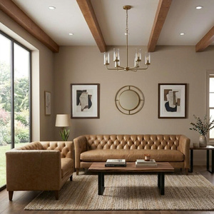 Ensemble de canapés en cuir véritable écologique 3 places avec fauteuil capitonné moderne, pieds en métal, meubles de salon - Product Image 1