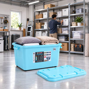 Boîte de rangement en plastique de 120 L avec couvercle, poignées à fermeture à pression, bac rectangulaire pour l'organisation du garage, pliage des couvertures et des oreillers - Product Image 1