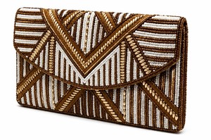 Gold & Brown Beaded Clutch | Handmade Geometric <b>Envelope</b> Bag | Elegant Evening PurseLuxury Beaded Clutch Gold & <b>White</b> - Product Image 3