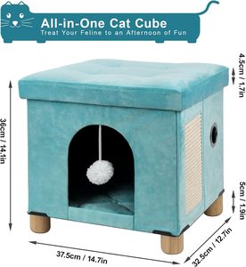 WALEED FURNITURE Luxury Wood Foldable Cat House Cat Cave & Cube with Scratch Board & Ball Solid Green 12.5"x14.5"x14.1" - Product Image 2