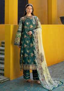 Ensemble de kaftan en soie imprimé floral vert traditionnel avec dupatta crème pour femmes, style Inde Pakistan, tenue de mariage, longueur au sol - Product Image 1