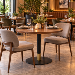 Modern Round <b>Wooden</b> Restaurant Dining <b>Table</b> Black Metal Pedestal Base with Brass Accent Contemporary Cafe and <b>Bistro</b> Furniture - Product Image 1