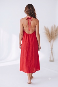 Vestido Largo de Lino Rojo para Mujer, Estilo Halter sin Mangas, Corte Holgado, Color Sólido, Estilo Boho, Casual de Verano, Transpirable - Product Image 2