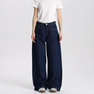 Skinny Fit High Waist Plus Size Women's Jeans Dark Blue Denim Wide Leg Loose Fit Structured Fabric Casual - Product Image 1