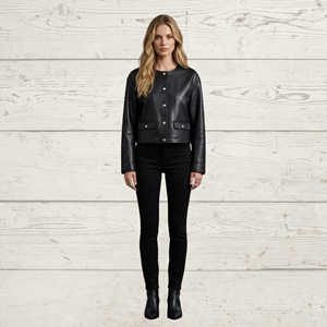 Ladies Black Genuine Leather Cropped <b>Jacket</b> <b>Collarless</b> Fashion Casual <b>Jacket</b> - Product Image 4