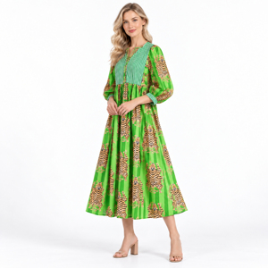 Vestido Midi Verde con Estampado Animal para Mujer, Manga Farol, Bloques de Color, Corte A, Casual, Verano - Product Image 3