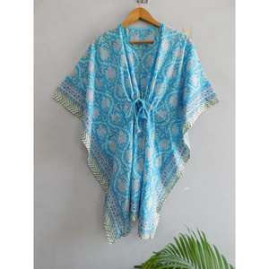 Vestido Kaftán Maxi de Algodón con Estampado de Bloques, Cuello en V, Manga Murciélago, Hecho a Mano, Estilo Boho, para Playa, Túnica Holgada, Ecológico, Natural y Transpirable - Product Image 1