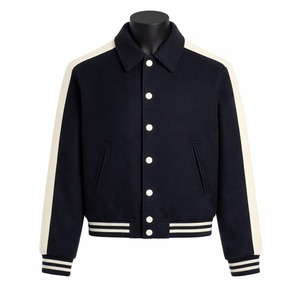 Veste universitaire bleu marine pour homme avec manches blanches, col rabattu, boutons, coupe classique, style automne - Product Image 1