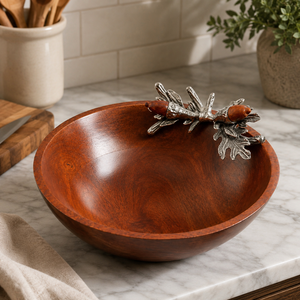 Handcrafted Decorative Mango Wood Serving Bowl With Elegant Metal Leaf & Acorn Accent Premium Polished Tabletop Decor For Home - Product Image 6
