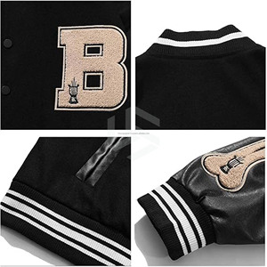 Chaqueta Varsity de Satén Negra Personalizada al por Mayor con Mangas de Cuero Vacuno, Parches de Alta Calidad y Bolsillos de Lona - ¡Novedad! - Product Image 4