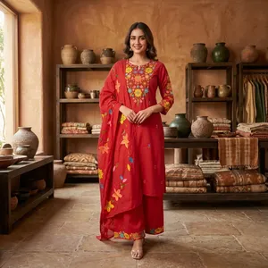 Elevate Your Everyday Casual Summer Wear Stunning Red Cotton Embroidered Discharge <b>Printed</b> Solid <b>3</b>-Piece Breathable Women's <b>Set</b> - Product Image 4