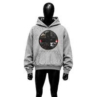 Sweat à capuche décontracté gris délavé oversize avec motif graphique, effet vieilli, clouté, vintage, imprimé cercle abstrait, streetwear urbain unisexe