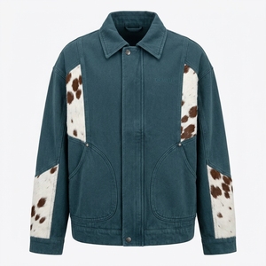 Veste pour homme en denim délavé bleu sarcelle avec patchwork en cuir de vache véritable, col et fermeture éclair, service personnalisé ODM OEM - Product Image 1