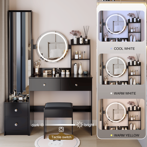 17\" Diameter LED <b>Mirror</b> <b>Vanity</b> <b>Table</b> Full Body <b>Mirror</b> Cabinet with Cushioned Stool 3-Color Touch Control Makeup <b>Vanities</b> - Product Image 3