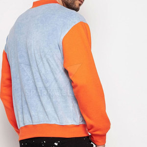 SPARKWELL INDUSTRY Men's Light Blue Orange Color Block Eco-friendly Stand Collar Varsity Jacket <b>Button</b> Closure Regular Fit - Product Image 2