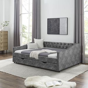 Divano letto grigio trapuntato a grandezza naturale con cassetti e schienale con bottoni, braccioli intrecciati con chiodi color rame, 80,5 pollici - Product Image 1