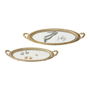 ถาดตกแต่งรูปวงรีชุบทองพร้อมพื้นผิวแบบกระจก 2 ชิ้น ดีไซน์หูจับสไตล์ฮอลลีวูดแกลม สำหรับตกแต่งบ้าน - Product Image 1