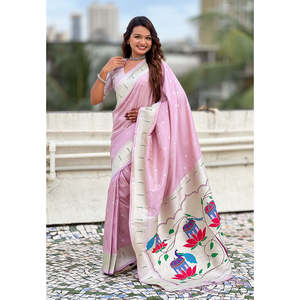 Sari de Seda Paithani Elite Weaves Lavender Pastel Peacock Lotus con Tejido Zari 650g, Ropa de Asia y las Islas del Pacífico - Product Image 1