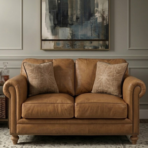 Premium Mid Century Modern Genuine Leather 2 Seater <b>Sofa</b> with Rolled Arms Nailhead Trim Wrinkle-free for Living Rooms Offices - Product Image 1