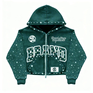 เสื้อฮู้ดดี้ Glory Premium Oversized ทรงครอป พิมพ์ลายตัวอักษรประดับเพชร สไตล์สตรีทแวร์ ยูนิเซ็กซ์ มีซิปด้านหน้า กระเป๋าหน้า สีดำ ผ้าฝ้าย 100% OEM - Product Image 3