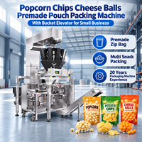 Machine d'emballage de sachets refermables pour chips de maïs, boules de fromage et autres produits en sachet préformé, avec élévateur à godets pour petites entreprises