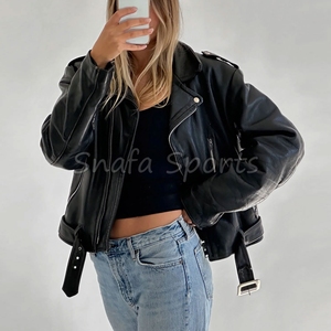 แจ็คเก็ตหนังแท้ผู้หญิงทรงโอเวอร์ไซส์บางเบา สไตล์ไฮสตรีท ปิดด้วยซิป ทนทาน นุ่มสบาย ทันสมัย กันลมสำหรับฤดูหนาว - Product Image 4