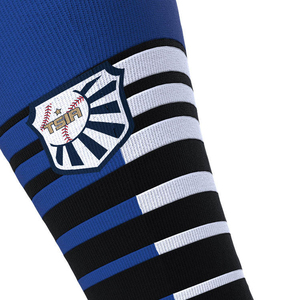 Chaussettes de football mi-hautes bleues et noires rayées, respirantes, tricotées, pour adultes, avec logo sur le corps, chaussettes personnalisées pour hommes - Product Image 6